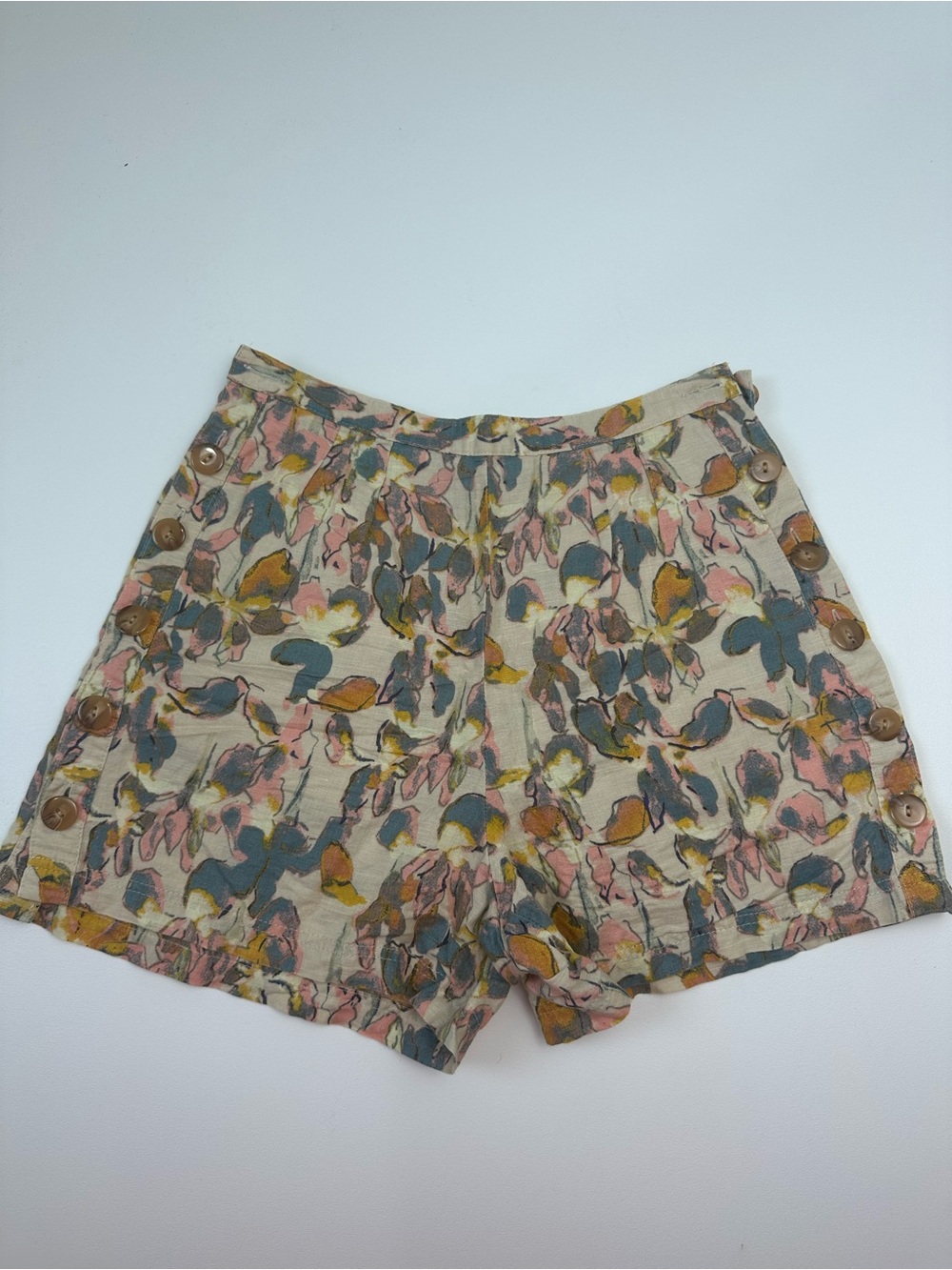 Kimchi brand Floral Print Button-Side Women's Shorts - Beige with Pink & Olive